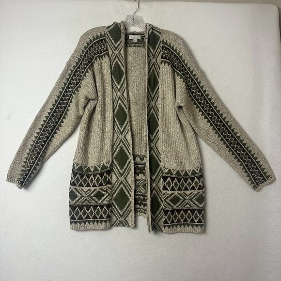 Lucky Brand Cardigan Sweater Women L Green Tan Tribal Hooded Open Front Chunky - Picture 1 of 6